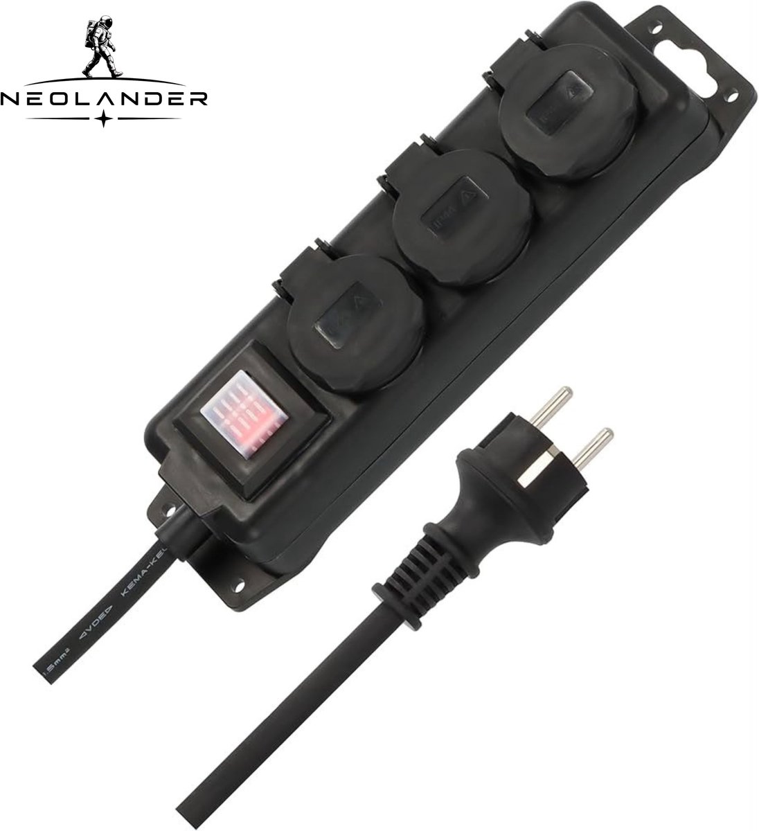 NeoLander - IP44 - 3-voudige Buitenstekkerdoos - 2 m Kabel met Schakelaar - Zelfsluitende Kleppen - Voor Buitengebruik