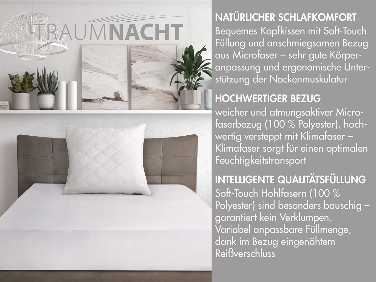 SnelShoppen - Traumnacht Cozy Hoofdkussen 40x80 cm - Zacht Microvezel Hoofdkussen met Ritssluiting - Oeko-Tex Gecertificeerd - Perfect voor Slaapkamer
