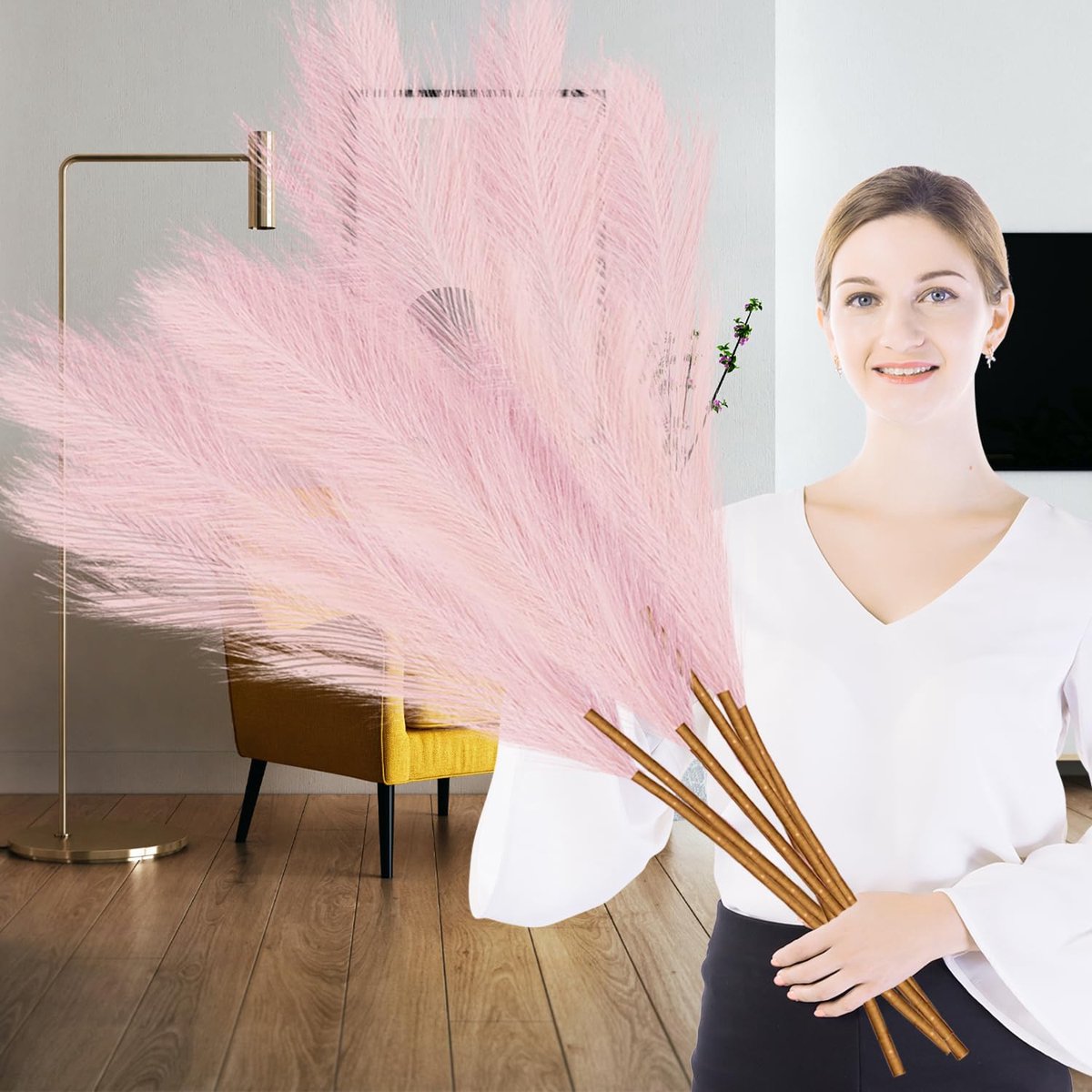 SnelShoppen - 6 Stuks Kunstpampasgras XXL 110 cm Roze - Wollige Droogbloemen voor Vloervaas, Boho Decoratie voor Woonkamer, Slaapkamer en Tafel