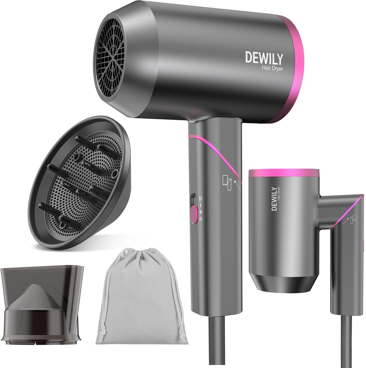 SnelShoppen - Inklapbare Haardroger met Diffuser, Stil Haarföhn met 3 Warmtestanden, Compact en Lichtgewicht Föhn voor Thuis, Reizen, Camping - Grijs