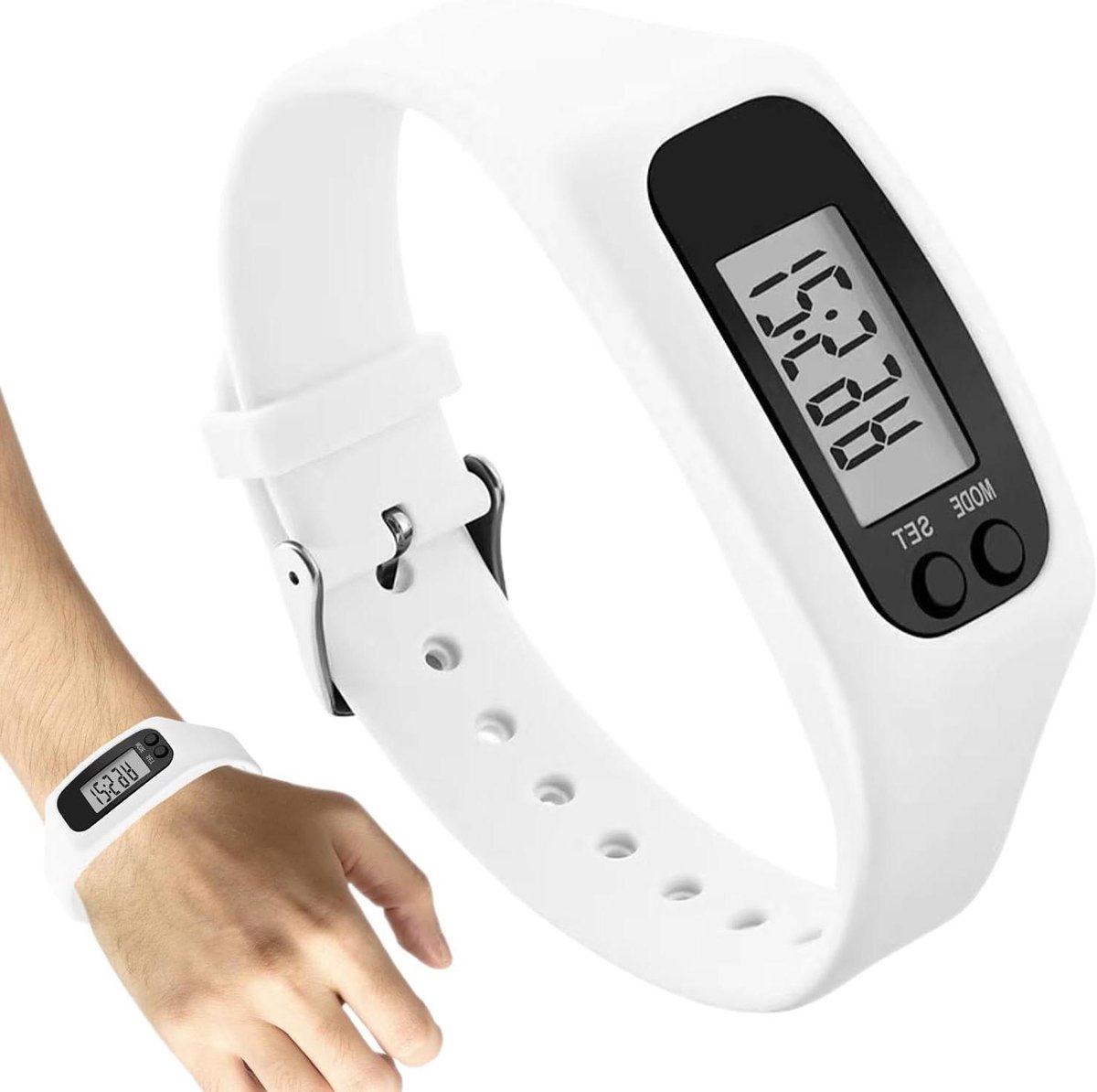 Stappenteller Horloge - Fitness Tracker - Dagelijkse Activiteit - Geen App Nodig - 25x2.7cm - Wit