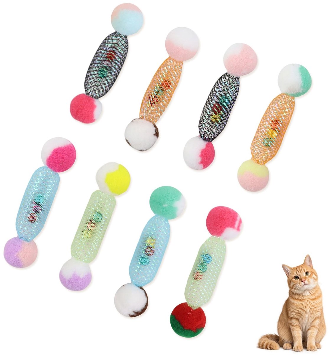 Dailygoods- Kattenspeelgoed 8 Stuks - Interactief Kattenspeelgoed - Kattenspeelgoed met Pompons - Kattenspeelgoed voor Huiskatten - Kattenspeelgoed van Pluche - Kattenspeelgoed in Kleurrijke Kleuren - Kattensticks
