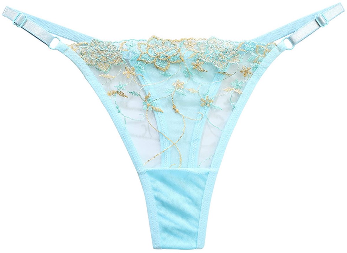 Dailygoods - Dames Lace Thong met Borduursel - Verstelbare Sexy G-string - Blauw