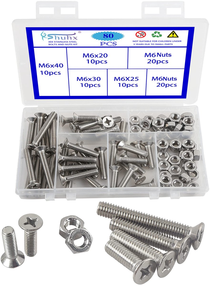 Dailygoods - 80 Stuks M6 Roestvrijstalen Schroeven en Moeren Assortiment voor Meubelreparatie