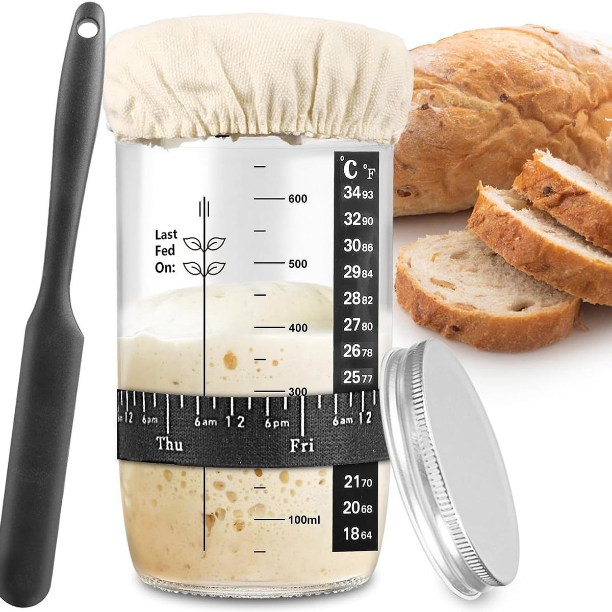 Dailygoods- Zuurdesemstarterglas 680 ml - Zuurdesemstarterset - Spatel - Deksel - Thermometer - Herbruikbare accessoires - Zuurdesemstarter