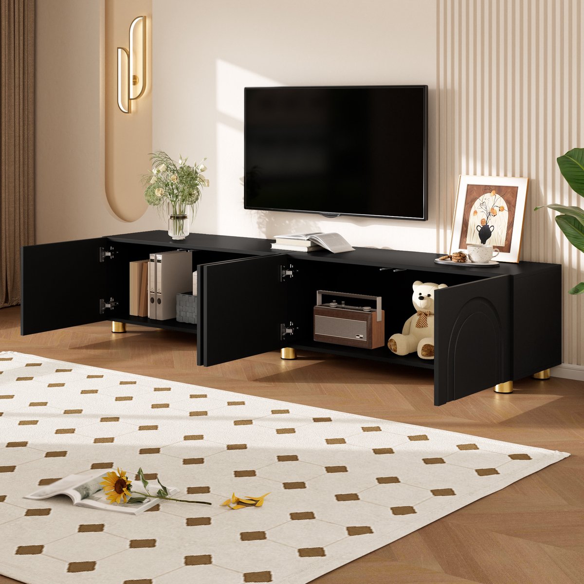 Moderne tv meubel - lage kast - gebogen reliëfdeuren - metalen poten - veel opbergruimte - zwart