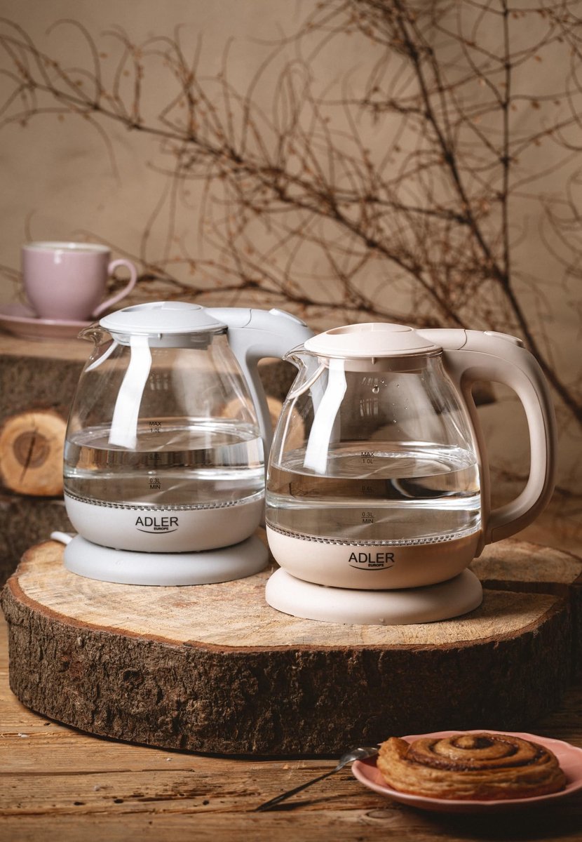 SnelShoppen - Elektrische Waterkoker van Glas 1L, 1100W met Ledverlichting, Compact en Energiezuinig, Wit - Ideaal voor Keuken en Camping