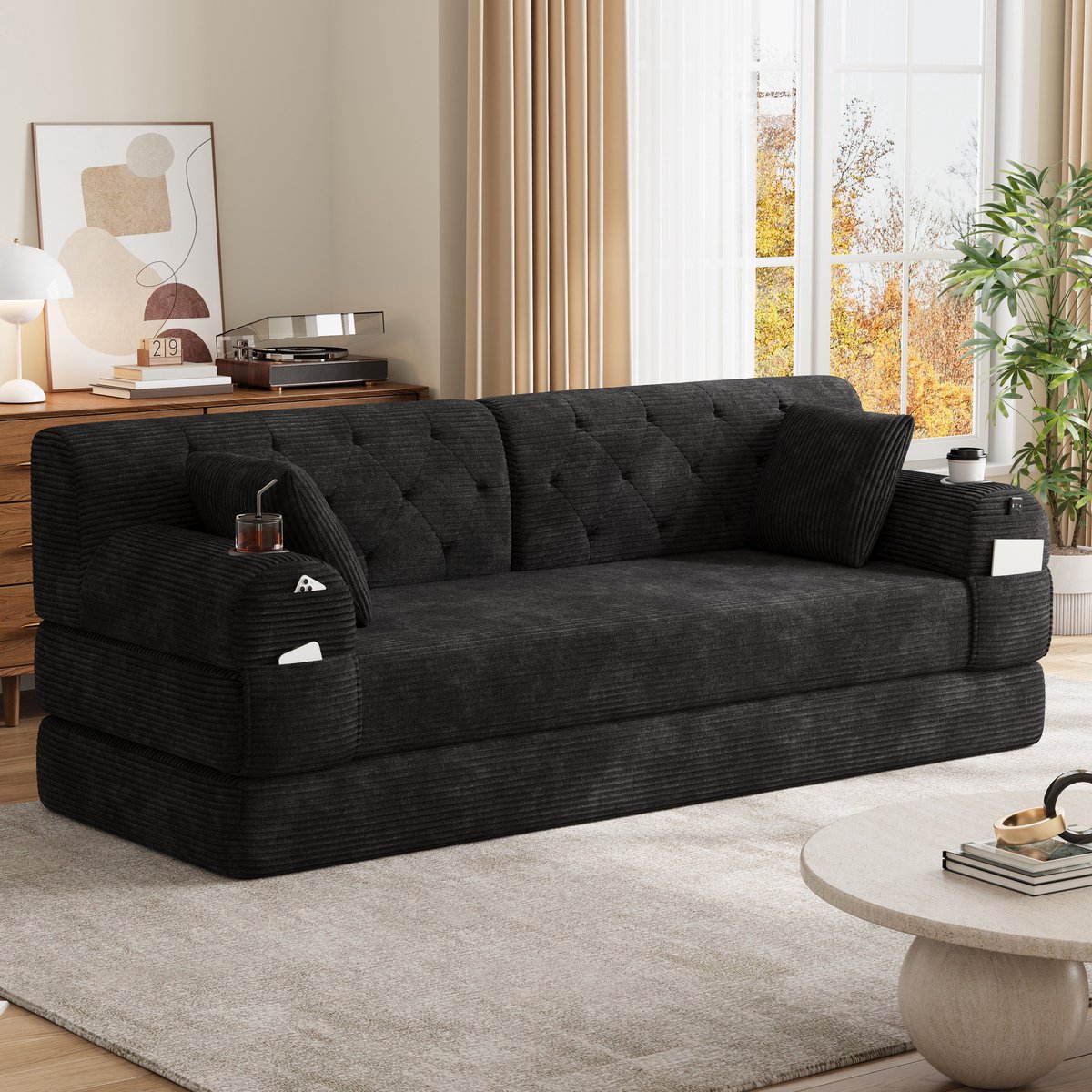 REDOM - 3-zits slaapbank - hoge rugleuning - metalen frame - met slaapfunctie - met opbergvakken en bekerhouders - corduroy - zwart - 208 x 80 x 81 cm