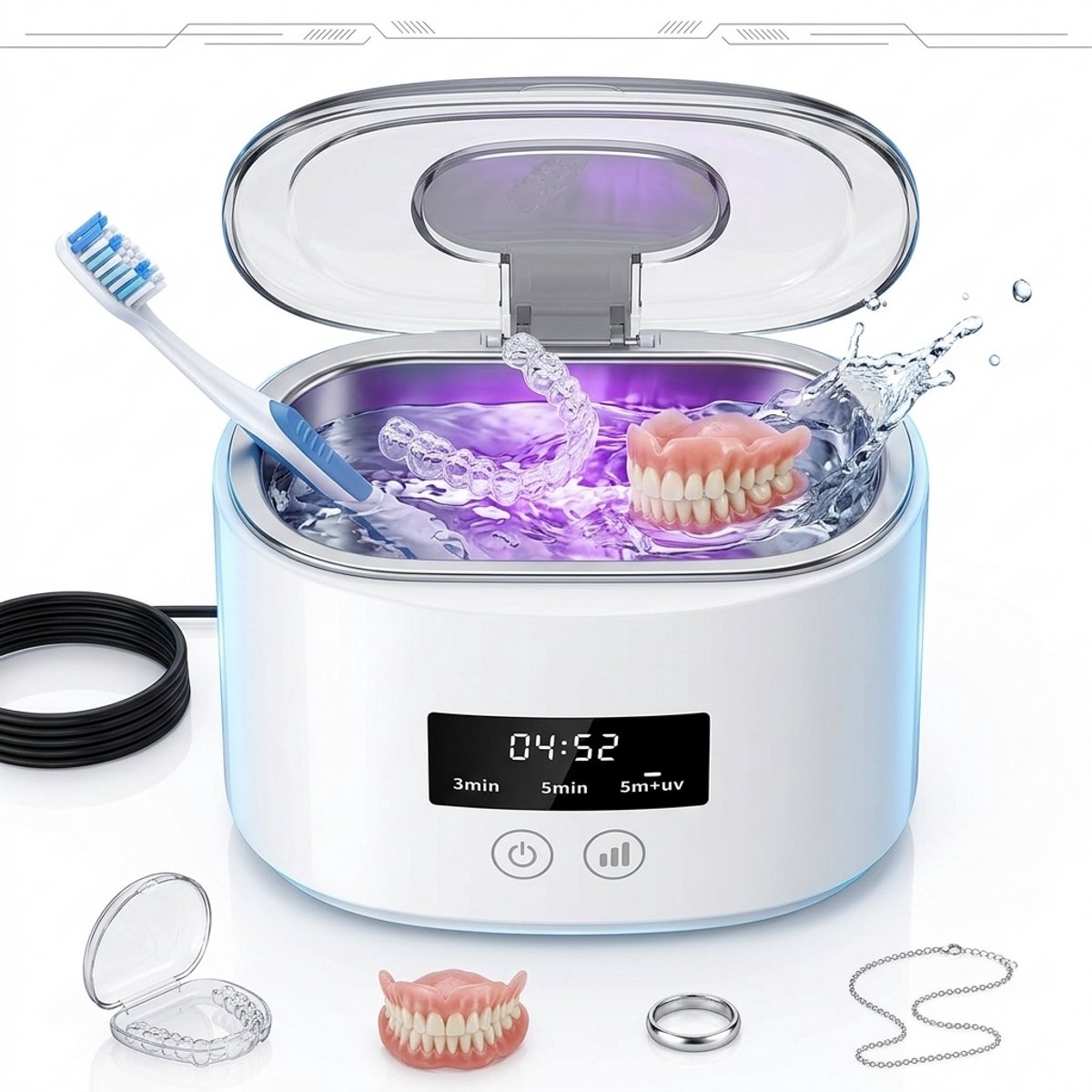 Fokelyi - Ultrasoon reiniger met UV Desinfectie - 360º-Ultrasonic Cleaner -Brillenbad-Reinigingsapparaat---Wit-Reinigingsapparaat voor Sieraden Horloge Kunstgebit