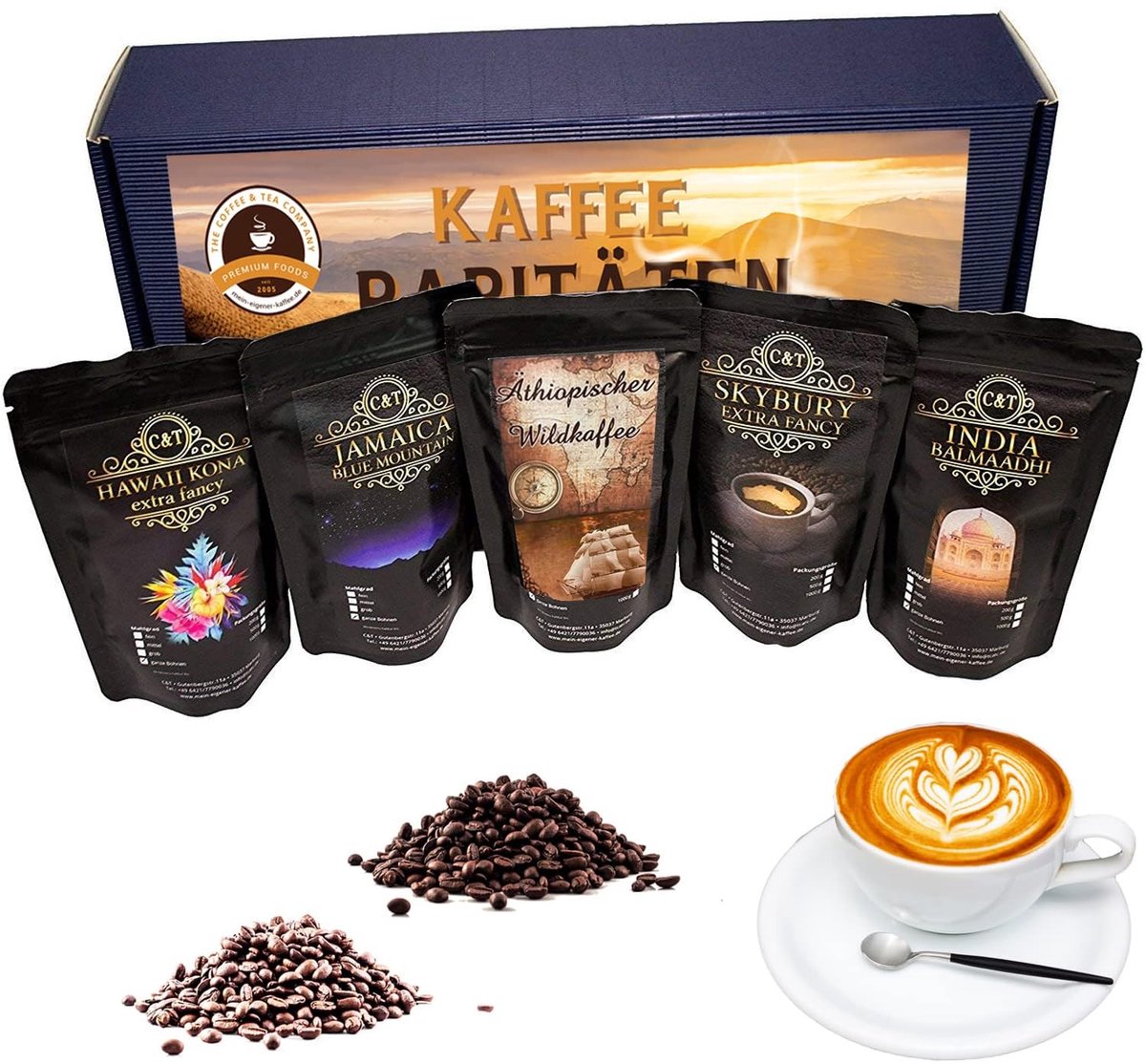 Dailygoods- Geschenkset Vijf Exclusieve Koffiezeldzaamheden - Kopi Luwak - Hele Boon - Premiumkoffie - Topkoffie - Zacht en Vers Gebrand - Koffieset