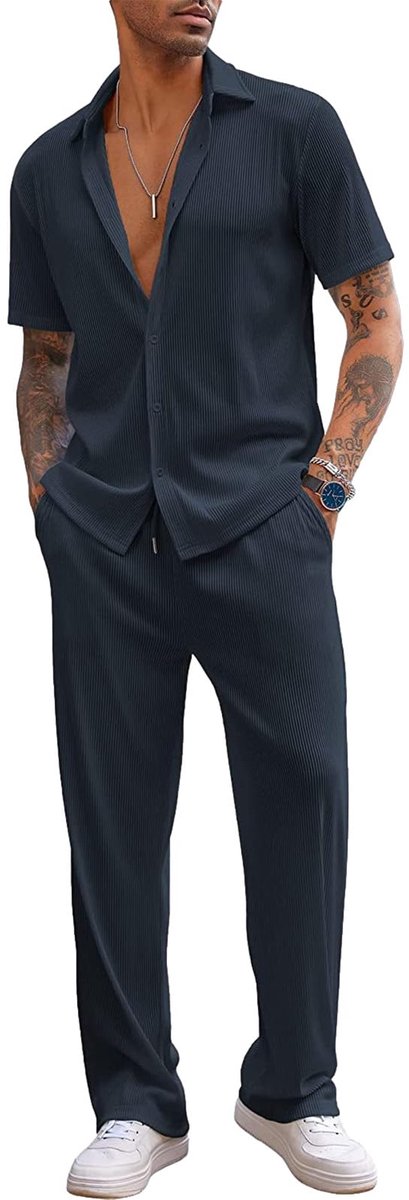 SnelShoppen - 2-delige zomerkledingset voor heren, hemd en broek met korte mouwen, Donkerblauw, grotere maat 3XL, perfect voor casual uitjes, vakantie