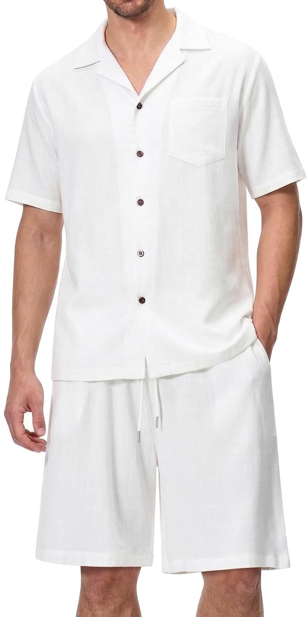SnelShoppen - Heren Strandoutfits 2-delig, Korte Mouwen en Shorts, Zomer Linnen Pak, Vakantie Kleding met Zak, Wit, Maat L