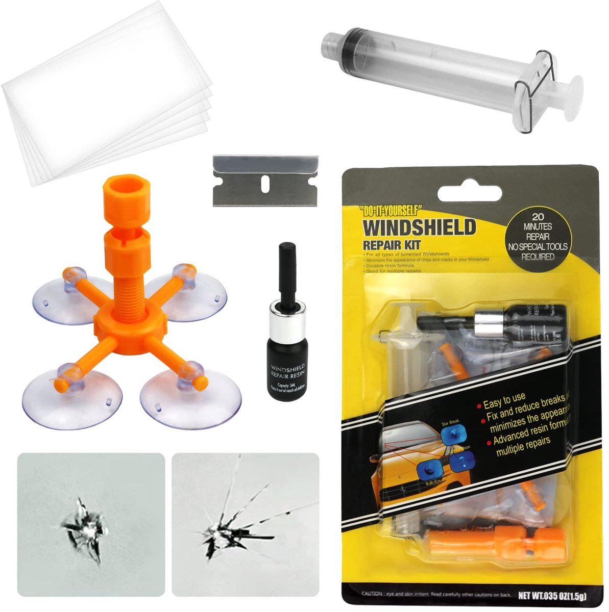Dailygoods- Reparatieset Autoruit - Doe-het-zelfset - Drukspuiten - Scheuren/Splinters - Kunststof - 12 x 20 x 2 cm - 73 g - Ruitreparatieset