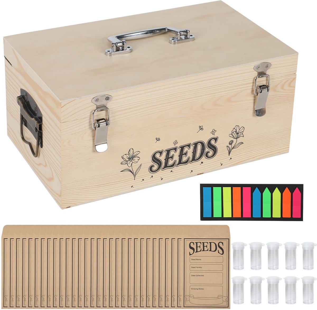 Dailygoods- Opbergdoos Bamboe - Zaadbox met 60 Zaadhoezen - Plastic Flessen - Verstelbare Scheidingswanden - Afmetingen 33,3 x 19,6 x 15,2 cm - Natuurlijke Textuur