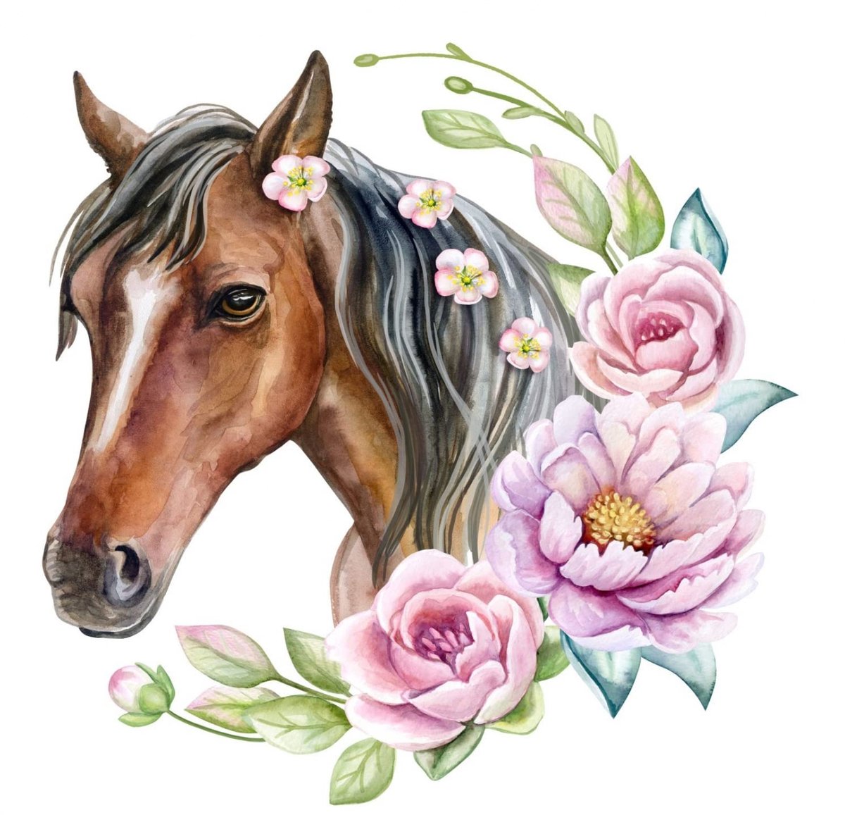 Dailygoods - Muursticker Paard Hoofd Bruin met Bloemen voor Kinderkamer - 500 x 660 mm