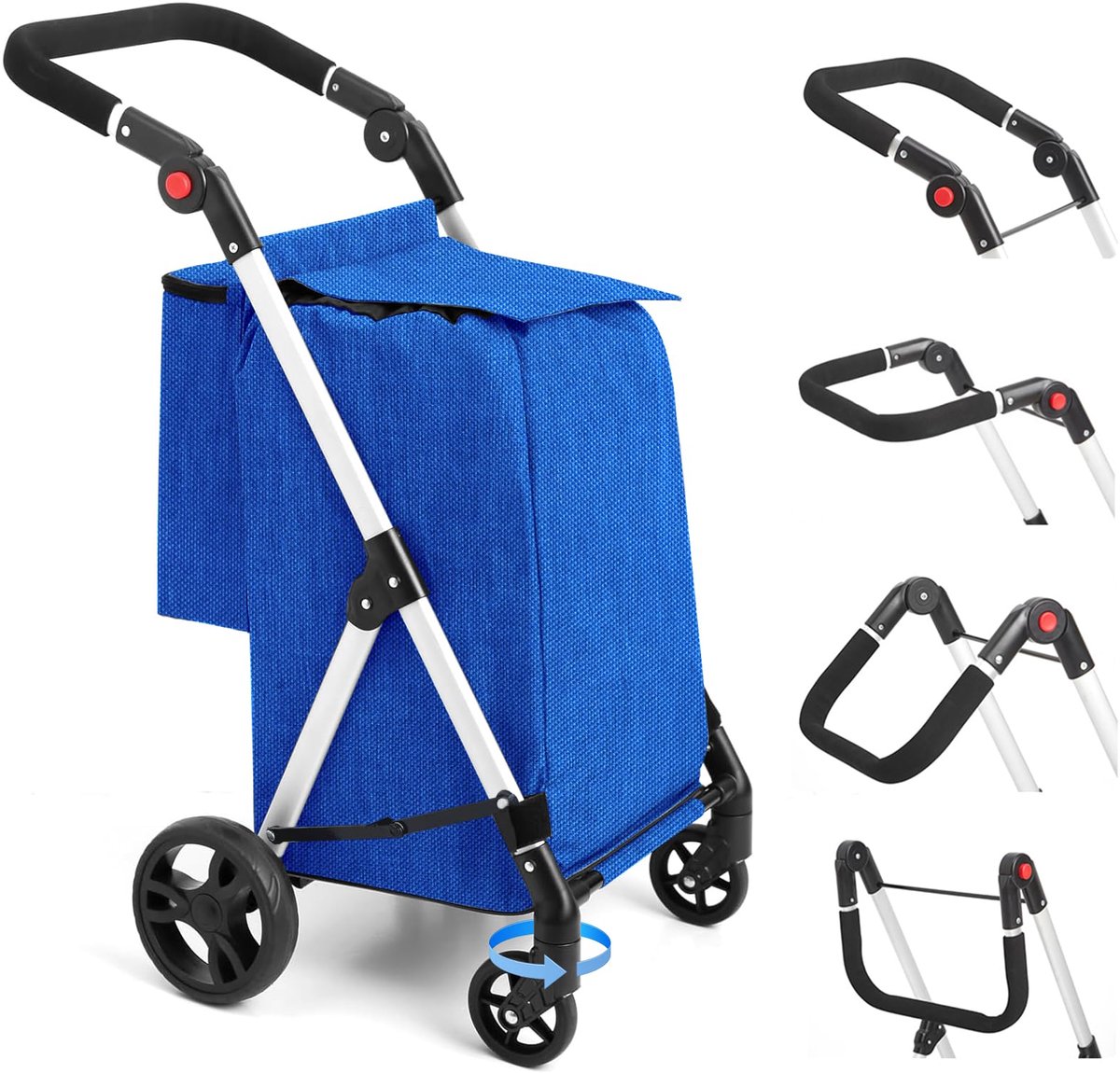 SnelShoppen - 4-wielige Boodschappentrolley met Koeltas, Opvouwbare Aluminium Winkelwagen 46L, Verstelbare Handgreep, Koningsblauw voor Boodschappen,
