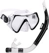 Zwarte duikbril met helder glas en een zwarte snorkel met gebogen mondstuk.
