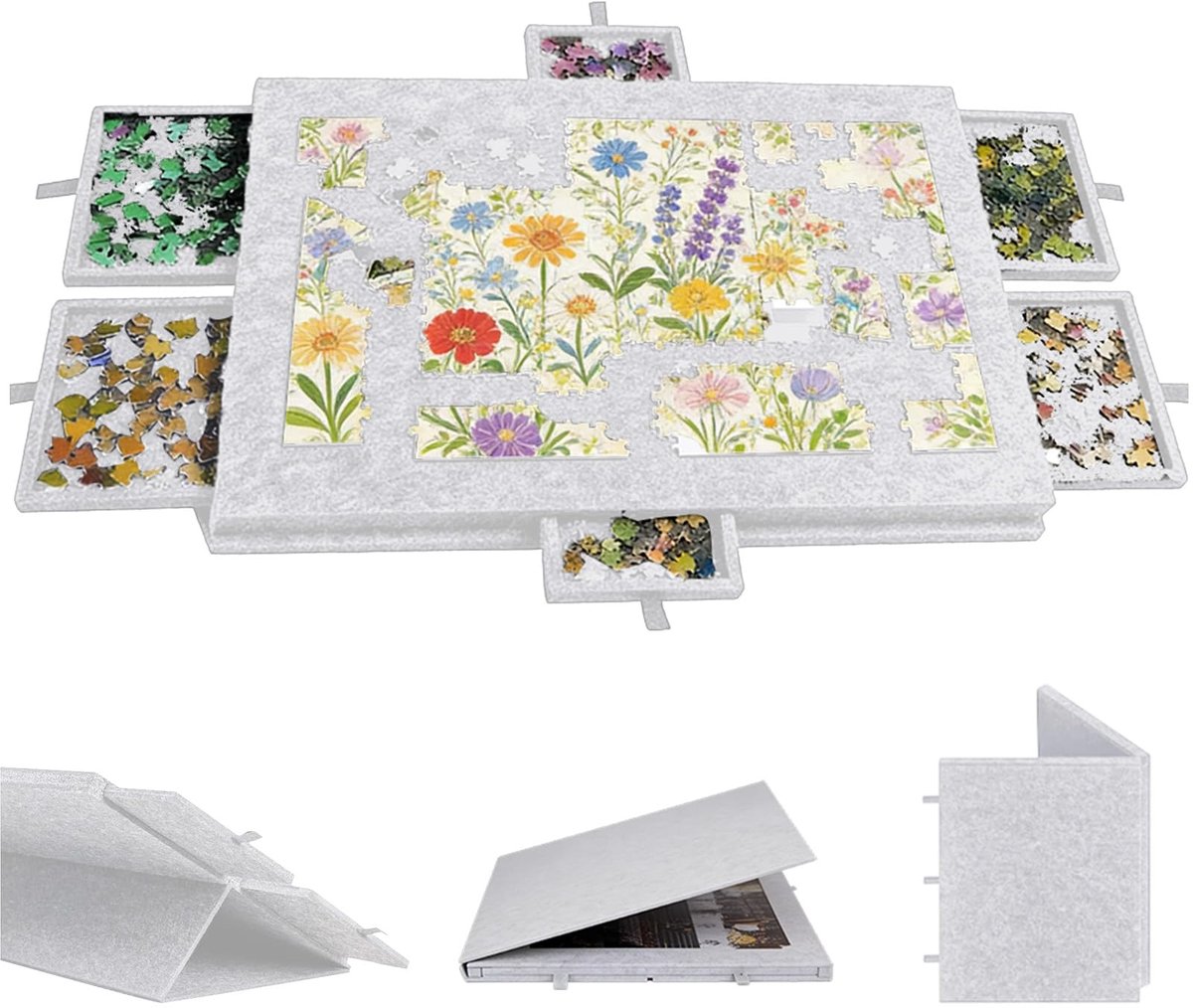 SnelShoppen - Kantelbare Puzzeltafel met 6 Laden, Draagbare Puzzelplank voor 1000 Stukjes, Licht Vilten Puzzels, Zilvergrijs - Ideaal voor Thuis en Re