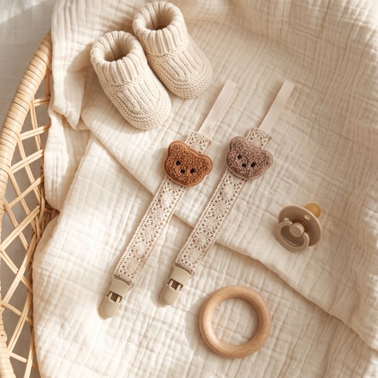 Speenkoorden Set van 2 Beertjes - Bruin & Taupe - Binnen 24U Verzonden - Fopspeenkoord - Speenketting - Speenhouder - Jongen en Meisje - Baby - Kraamcadeau - Babyshower - Stoffen Speenkoord met Clips - Teddy - Unisex Geboortecadeau - 2 Stuks — afbeelding 5
