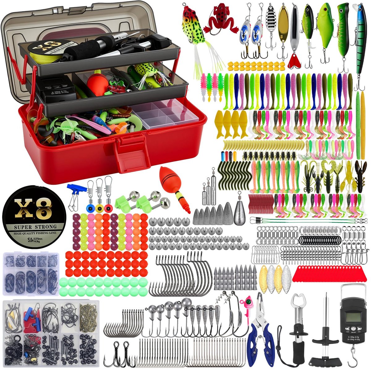 SnelShoppen - 680 stuks visspullen set, gemengd vissersaas kit met aashaken, vistang, visschaal voor snoek, forel, baars, 3-laagse viskoffer, complete