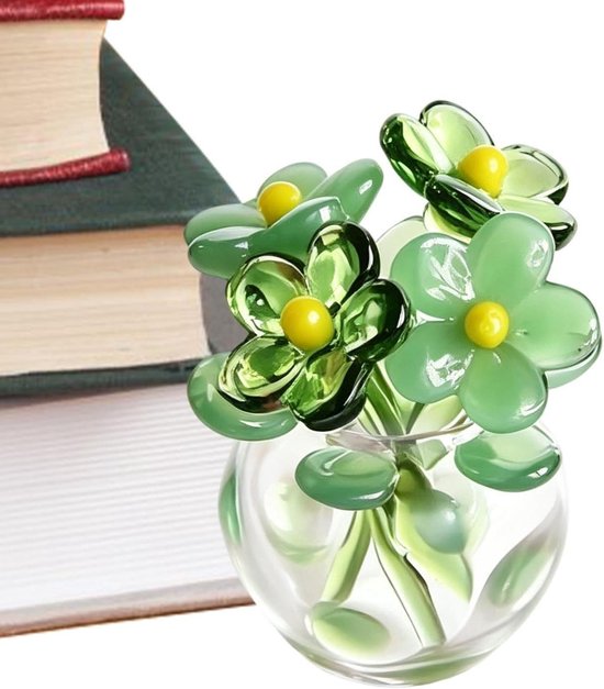 Glazen Bloemen in Vaas - Kunstboeket Miniatuur - Bureau Decoratie - Handgemaakte Stelen - 6x5x6 cm - Groen