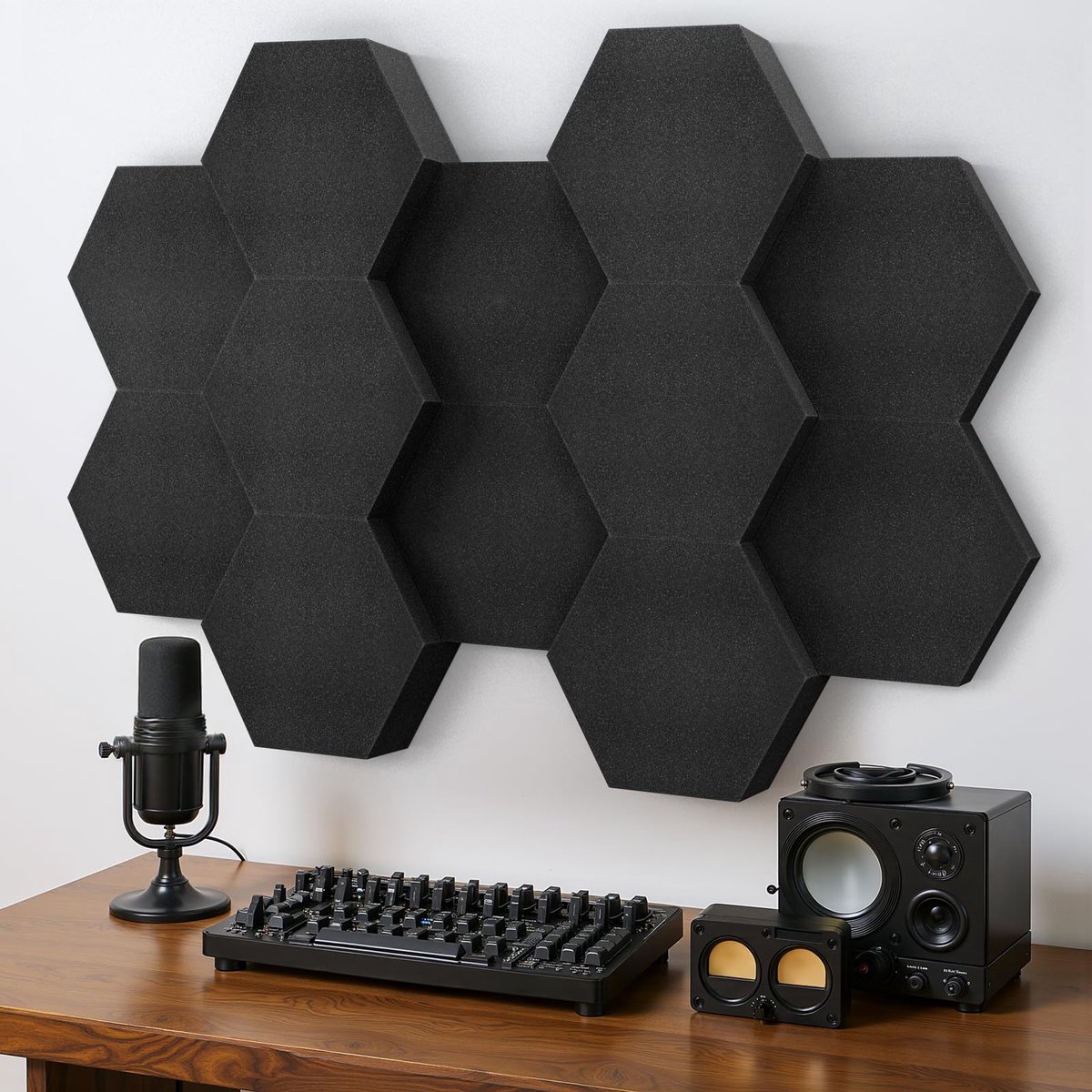 SnelShoppen - Akoestisch Schuim Hexagon Platen 4 cm & 7 cm Dikte - 12 Stuks Geluidsabsorber voor Studio, Kantoor en Gaming Kamer - Zwarte Akoestische