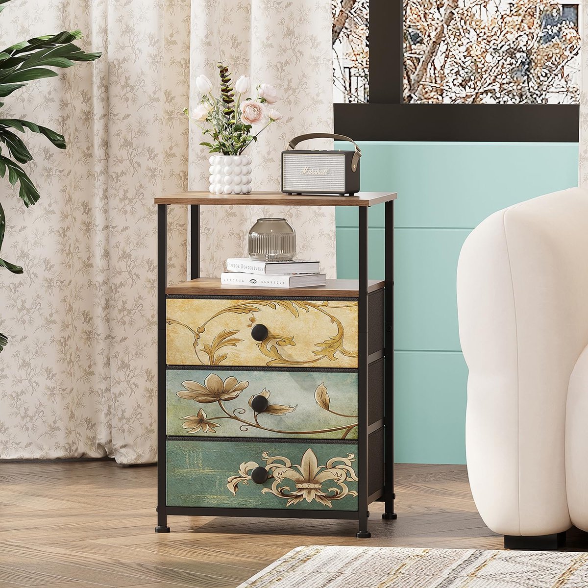 SnelShoppen - Commode met 3 Laden en Open Plank, Boho Make-uptafel, Stabiele Kast voor Slaapkamer, Woonkamer, Opbergkast, Nachtkastje, Bijzettafel, Ho
