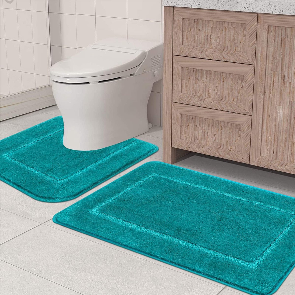 SnelShoppen - 2-delige Microfiber Badmat Set met Antislip - Absorberend Badkamertapijt - Turquoise - 53 x 86 cm + 50 x 50 cm - Wasbaar en Slijtvast