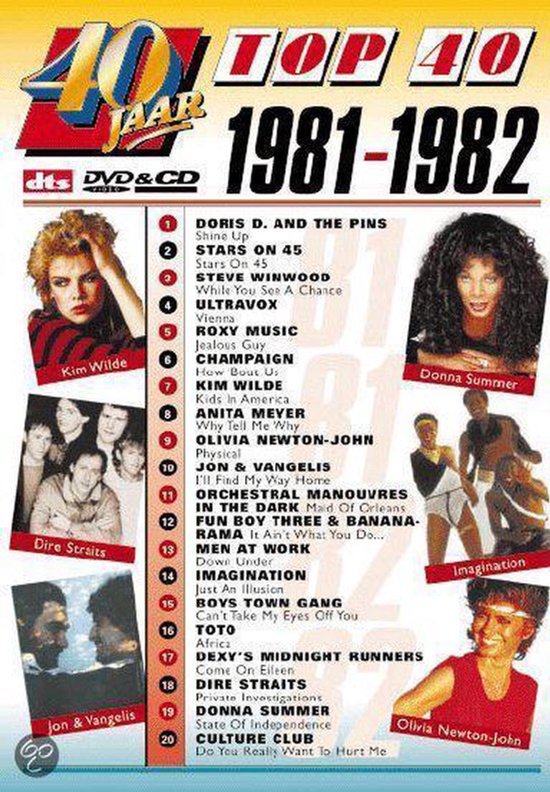 Albumhoes met "40 Jaar Top 40 1981-1982" en afbeeldingen van artiesten zoals Kim Wilde, Donna Summer en Olivia Newton-John.