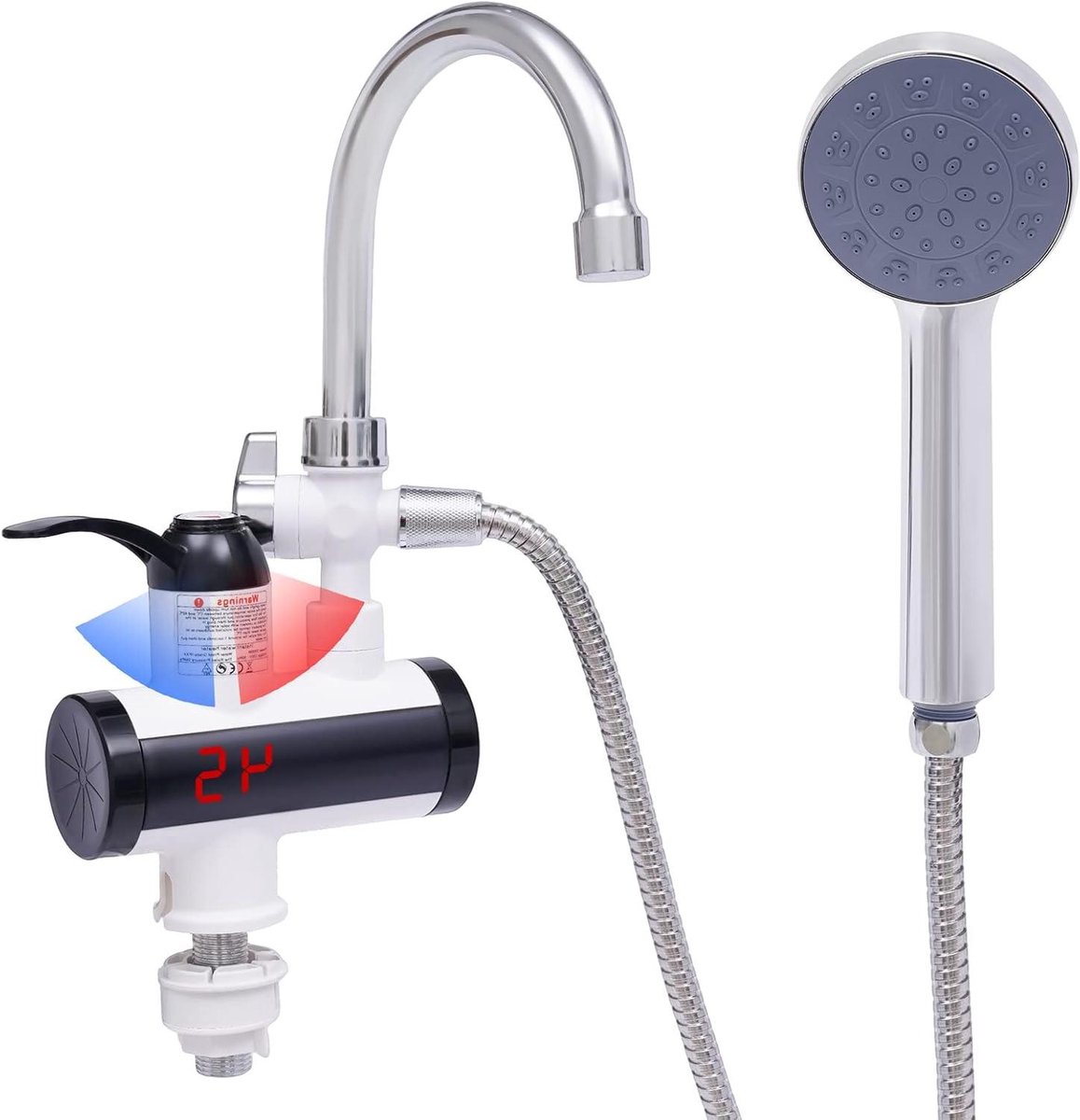 Elektrische Warmwaterkraan - Doorstroomboiler Kraan - Direct Warm Water - Traploze Temperatuurregeling - 146 x 26 cm - Wit Zilver