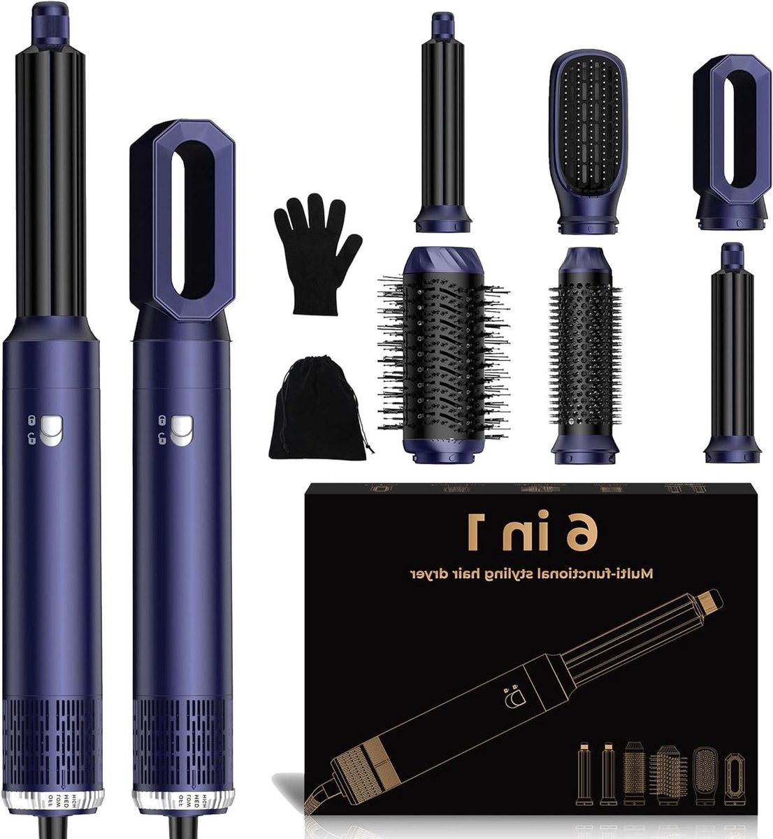 Haarstyler Set - Multistyler Air Styler - Haar Modelleren - 6-in-1 Opzetstukken - 26 x 20 x 8 cm - Blauw