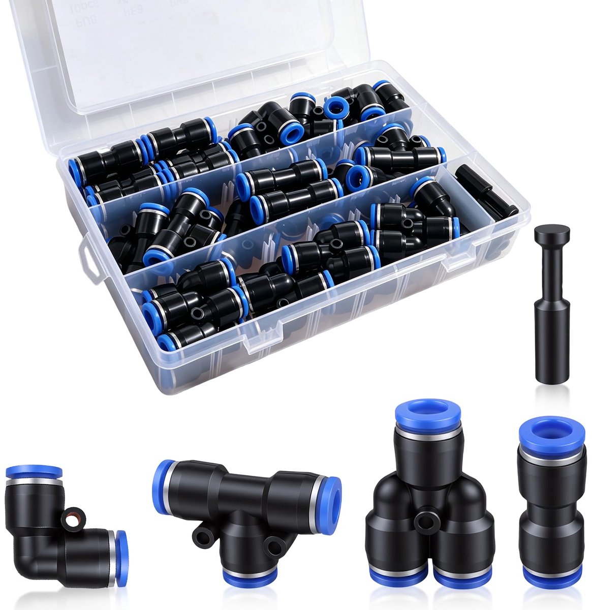 SnelShoppen - 50 stuks 8 mm pneumatische connectoren set, push-in snelkoppelingen, rechte hoek, T-stuk, Y-splitter voor PU/nylon/PE luchtslang