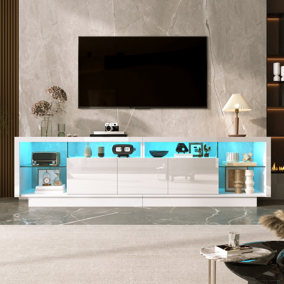 VVBV TV-Meubel 200 cm - Wit Hoogglans Lowboard met 3 Deuren, Glazen Schappen, App-Gestuurde LED, Opbergruimte, Glazen Vakken