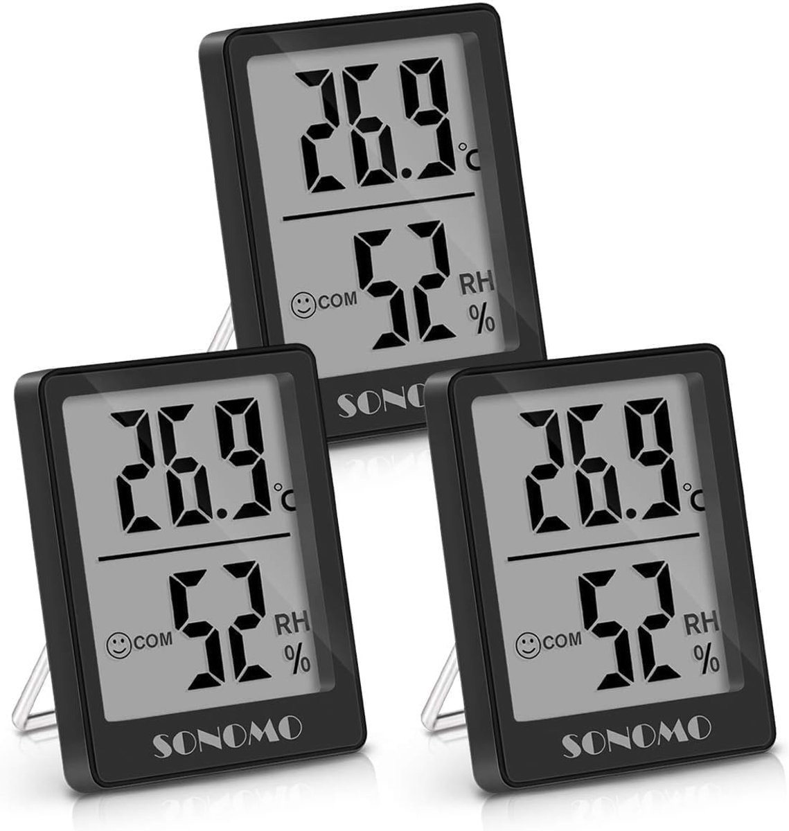 SnelShoppen - Sonomo Thermische Hygrometer Set van 3 - Digitale Kamerthermometer en Luchtvochtigheidsmeter voor Binnen - Geschikt voor Woonkamer, Baby