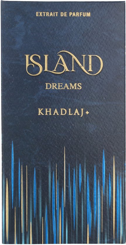 Doos van "Island Dreams" Khadlal Extrait de Parfum. Donkerblauwe doos met gouden tekst en verticale blauwe en gouden lijnen.