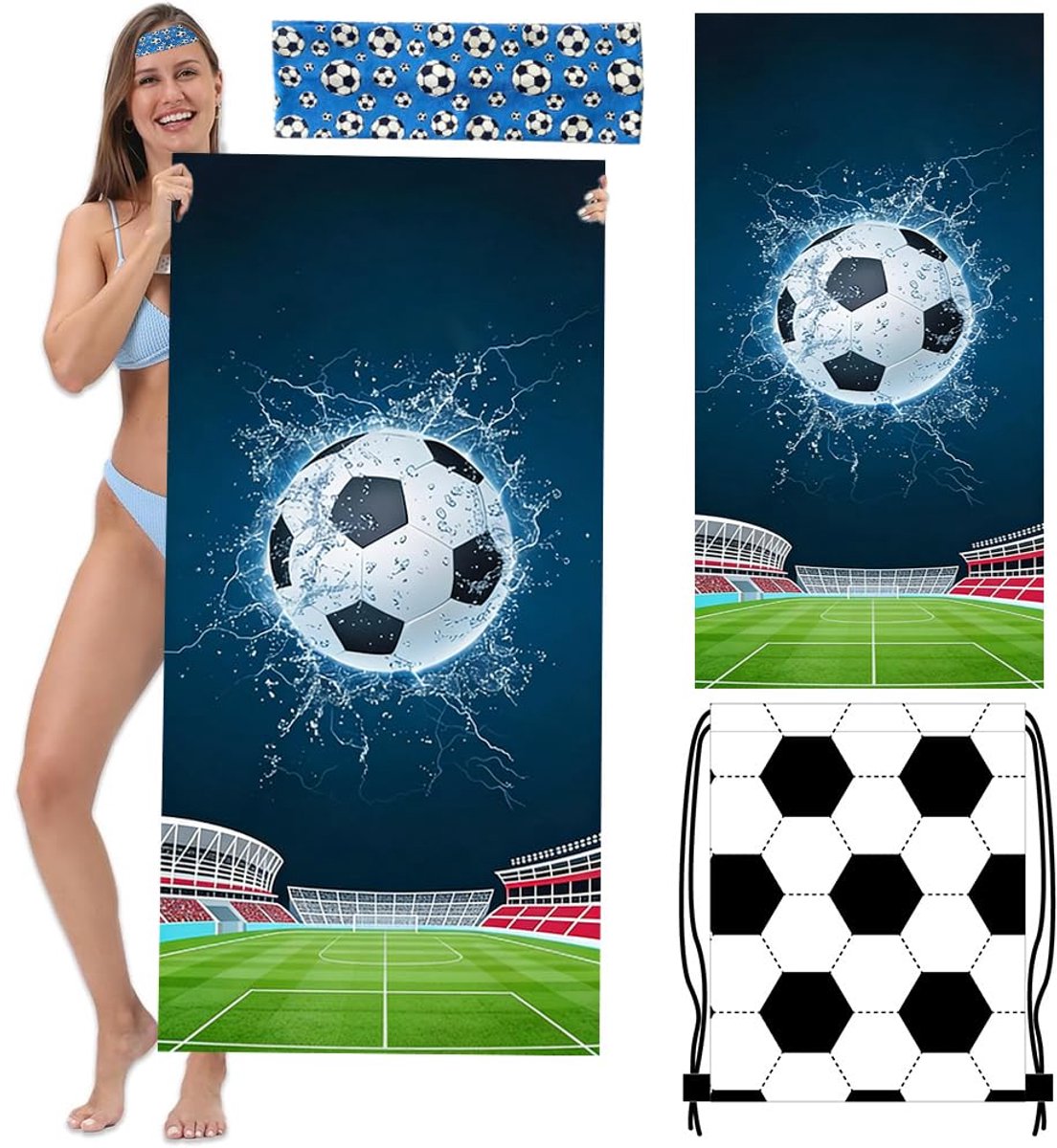 SnelShoppen - Voetbal Strandhanddoek 160x80CM, Persoonlijke Sport Handdoek met Haarband & Tas, Perfect voor Strand, Zwembad, Reizen, Cadeau voor Kinde