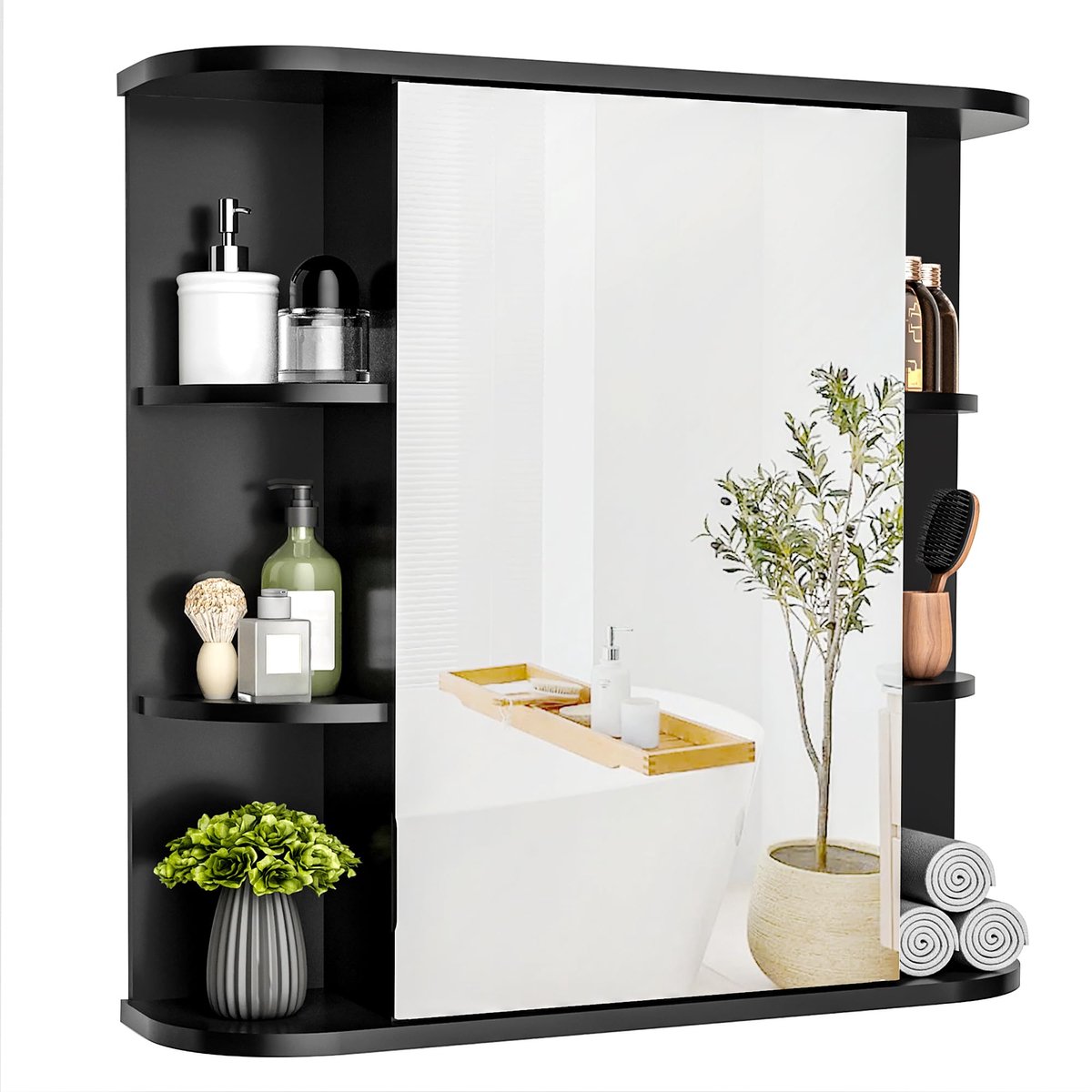 SnelShoppen - Badkamerspiegelkast met HD Spiegel, Wandgemonteerde Opbergkast met Verstelbare Planken, Zwarte Badkamerkast 68 x 60 cm voor Woonkamer en