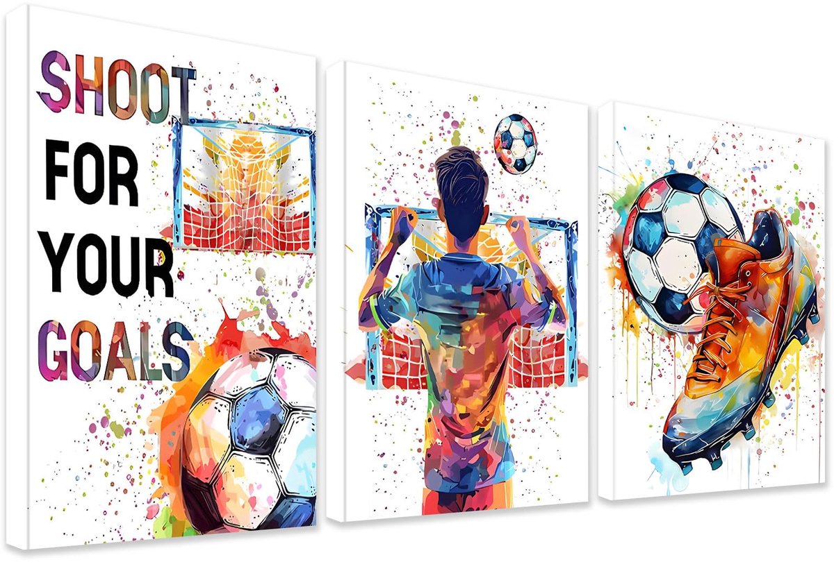 SnelShoppen - Set van 3 Decoratieve Voetbalafbeeldingen met Lijst, Voetbalposters voor Sportliefhebbers, Wanddecoratie voor Kinderen, Jongenskamer, Th