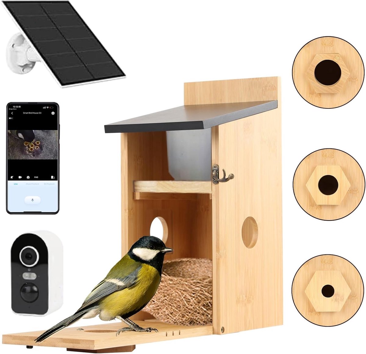 SnelShoppen - Vogelhuis met camera, 5MP HD nestkast voor buiten, 2,4G wifi, app-melding, automatische opname, bewegingsdetectie, op zonne-energie, ide