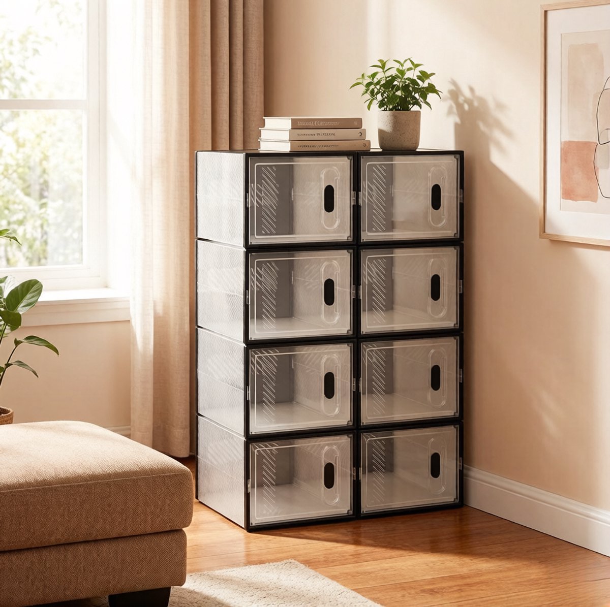 REDOM - Stapelbare schoenopbergbox - Modulaire opbergbox met frontopening - Transparante behuizing - Kunststof - 8 stuks - Voor schoenen en kleine spullen - Zwart - Transparant - W25 x H18,5 x D35,5 cm