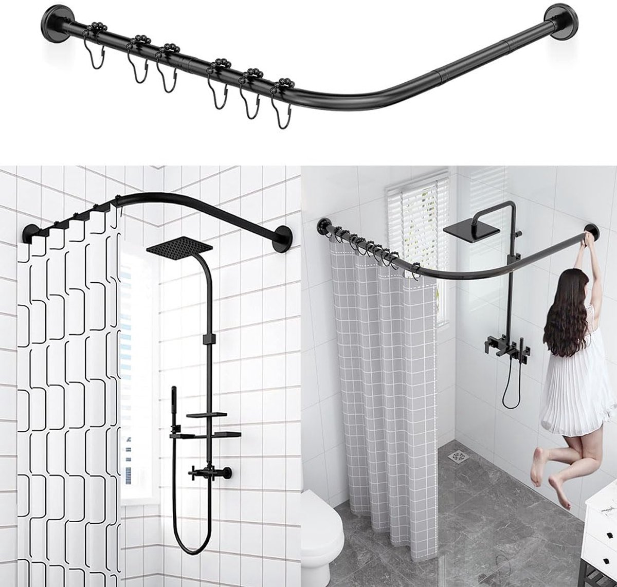 SnelShoppen - Uitschuifbare Roestvrijstalen L-vormige Badkamer Badkuip Hoek Douchegordijn Stang Niet Boren (75-95 cm x 75-95 cm) voor Badkamer en Kled