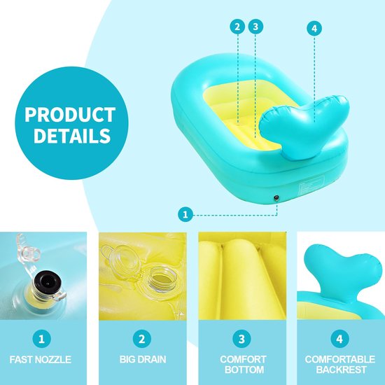 Opblaasbaar babybad in walvis - Draagbare reisbabybadkuip voor baby's - Lichtgewicht, lekvrij en opvouwbaar babybad - Ideaal voor reizen en thuis.90×50×25cm — afbeelding 2