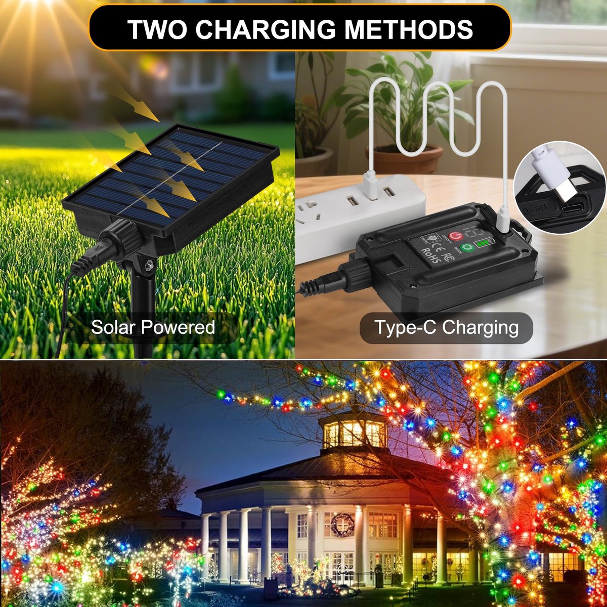 SnelShoppen - Tacobey Solar Lichtsnoer voor Buiten 20M - 200 LED USB/Zonne-energie, Weerbestendig, 8 Modi, Kleurrijk Licht voor Tuin, Balkon, Terras D