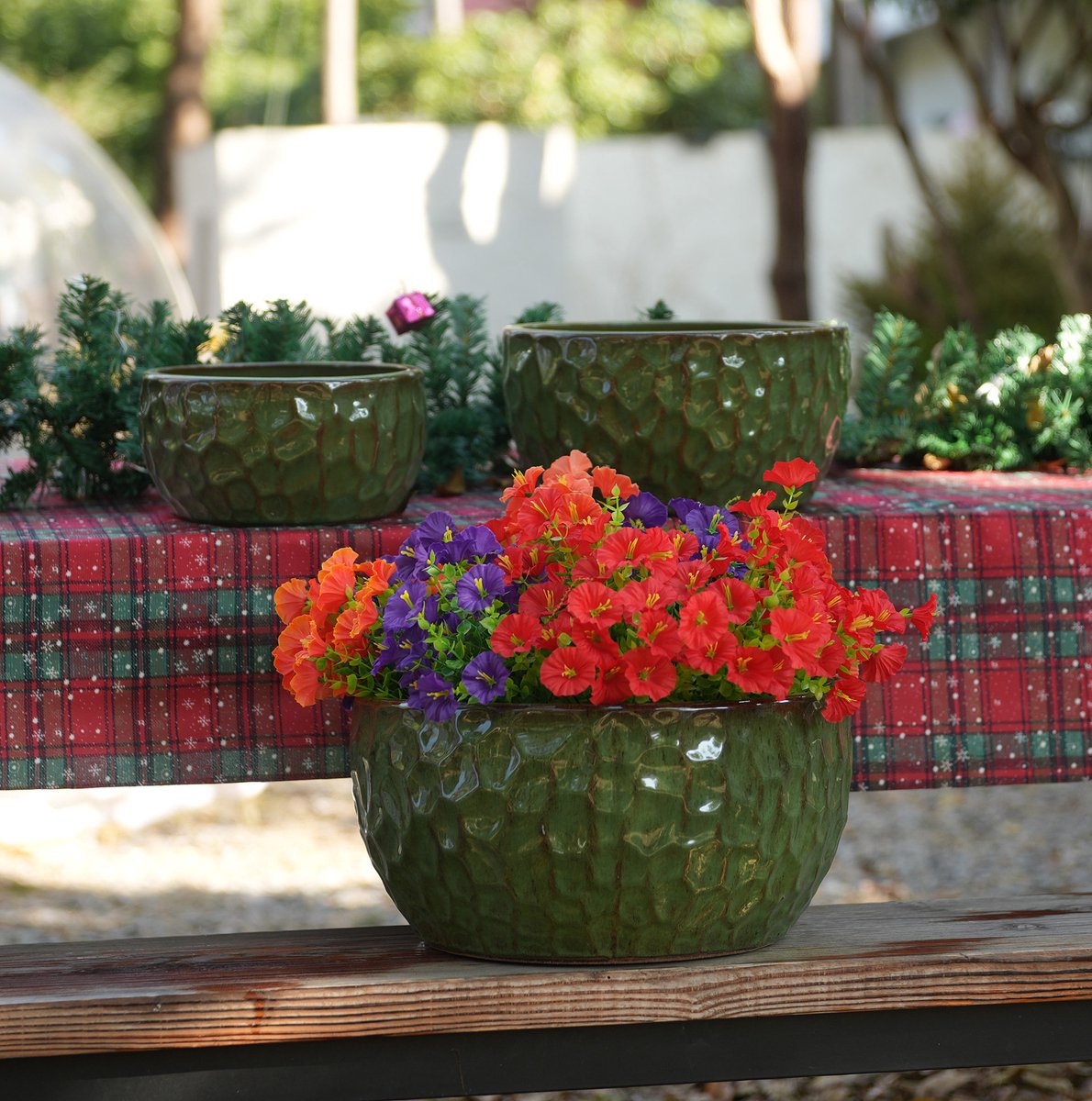 Bloempot Set – Glanzend En Met Hammereffect – 38,1/30,5/25,4 Cm – Keramiek – Antique Green – Voor Binnen En Buiten – Met Afwateringsgat