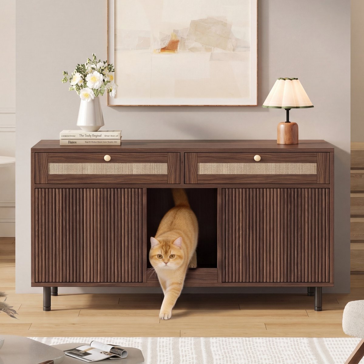 DESMIU Kattenbakcontainer – Met Sandvangmat – 120 x 50 x 65 Cm – MDF – Walnootkleur – Voor Meerdere Katten En Discreet Opbergen