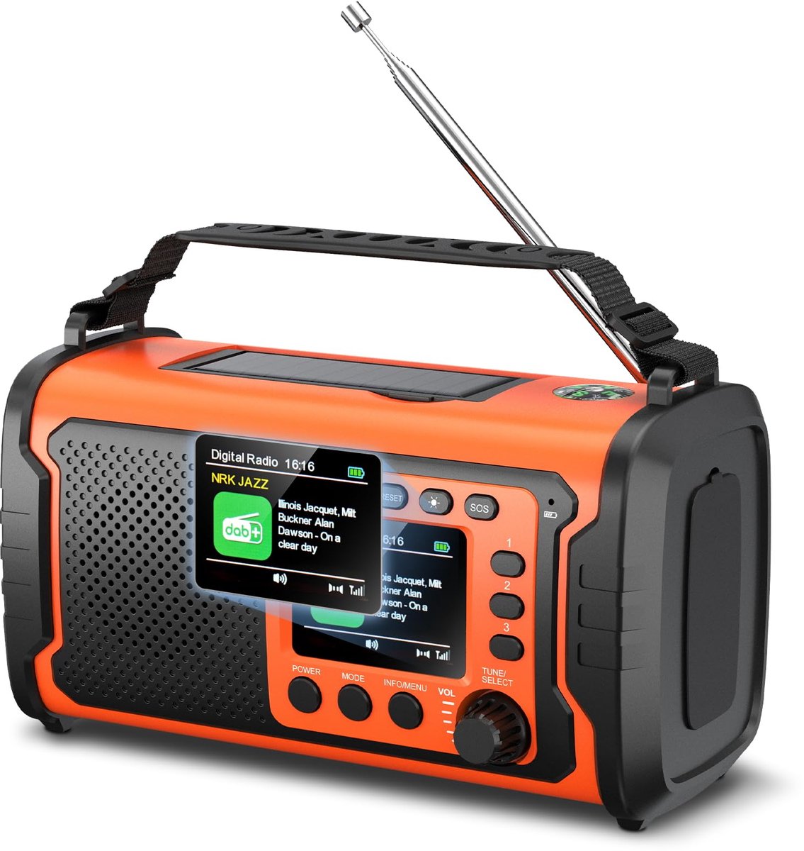 SnelShoppen - 20000mAh DAB+/FM Noodradio met Powerbank, Draagbare Solar- en Zwengelradio met Bluetooth 5.3, SOS, Zaklamp & Leeslamp voor Camping, Stro