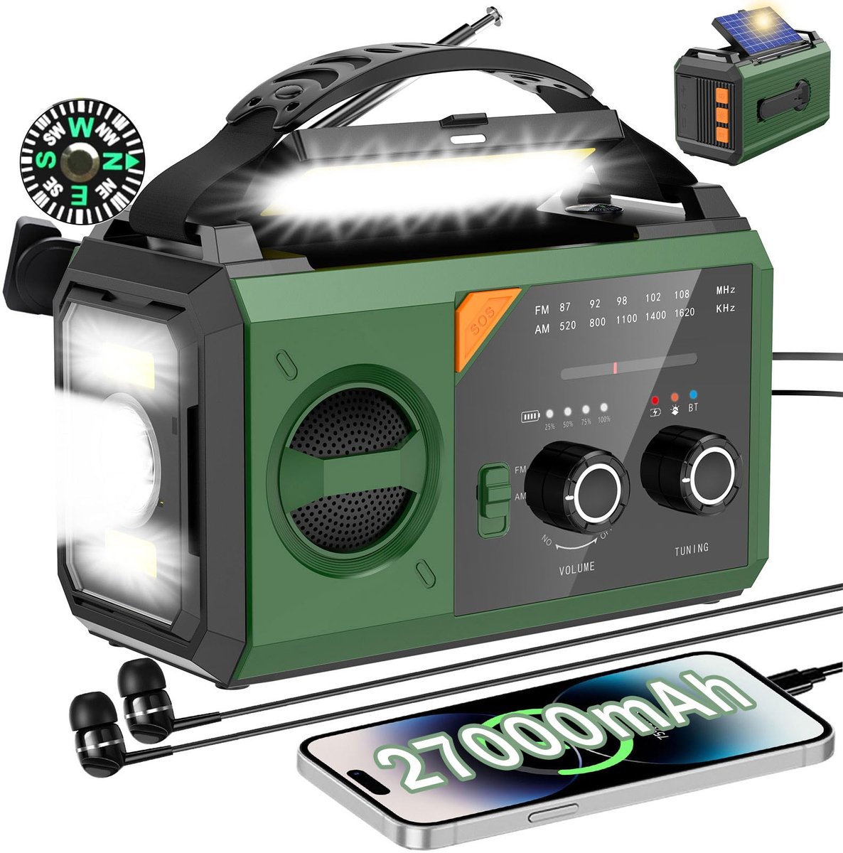 SnelShoppen - Handcrankradio met Oplaadfunctie voor Mobiele Telefoons, 8-in-1 Draagbare Noodradio met Solar, AM/FM, Powerbank, SOS, Zaklamp, Kompas, L