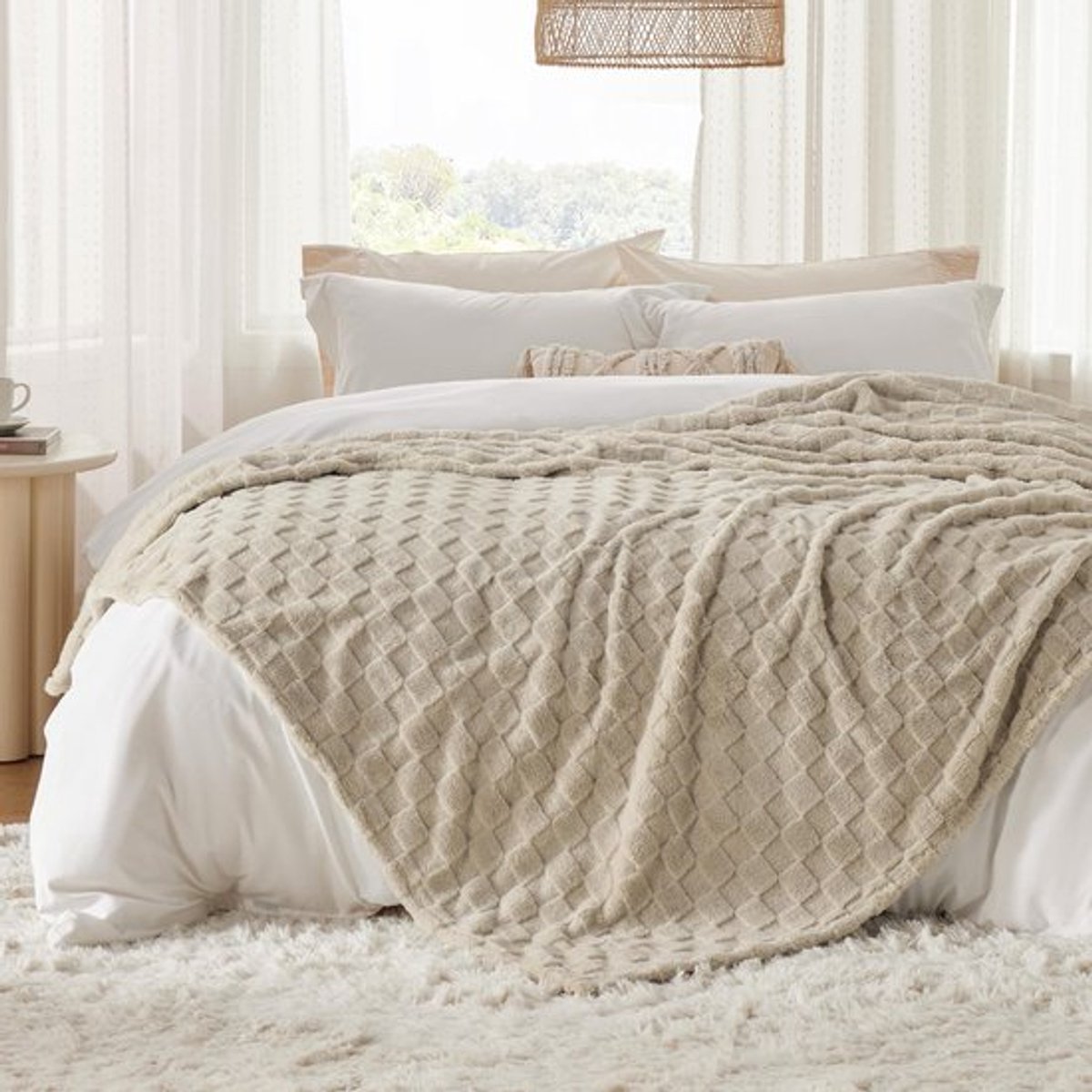 Deken 240x220 cm - Pluizige Fleece/Sherpa Deken - Schaakbordpatroon - XXL Knuffeldeken - Zacht/Warm - Lichtbruin - Woondeken