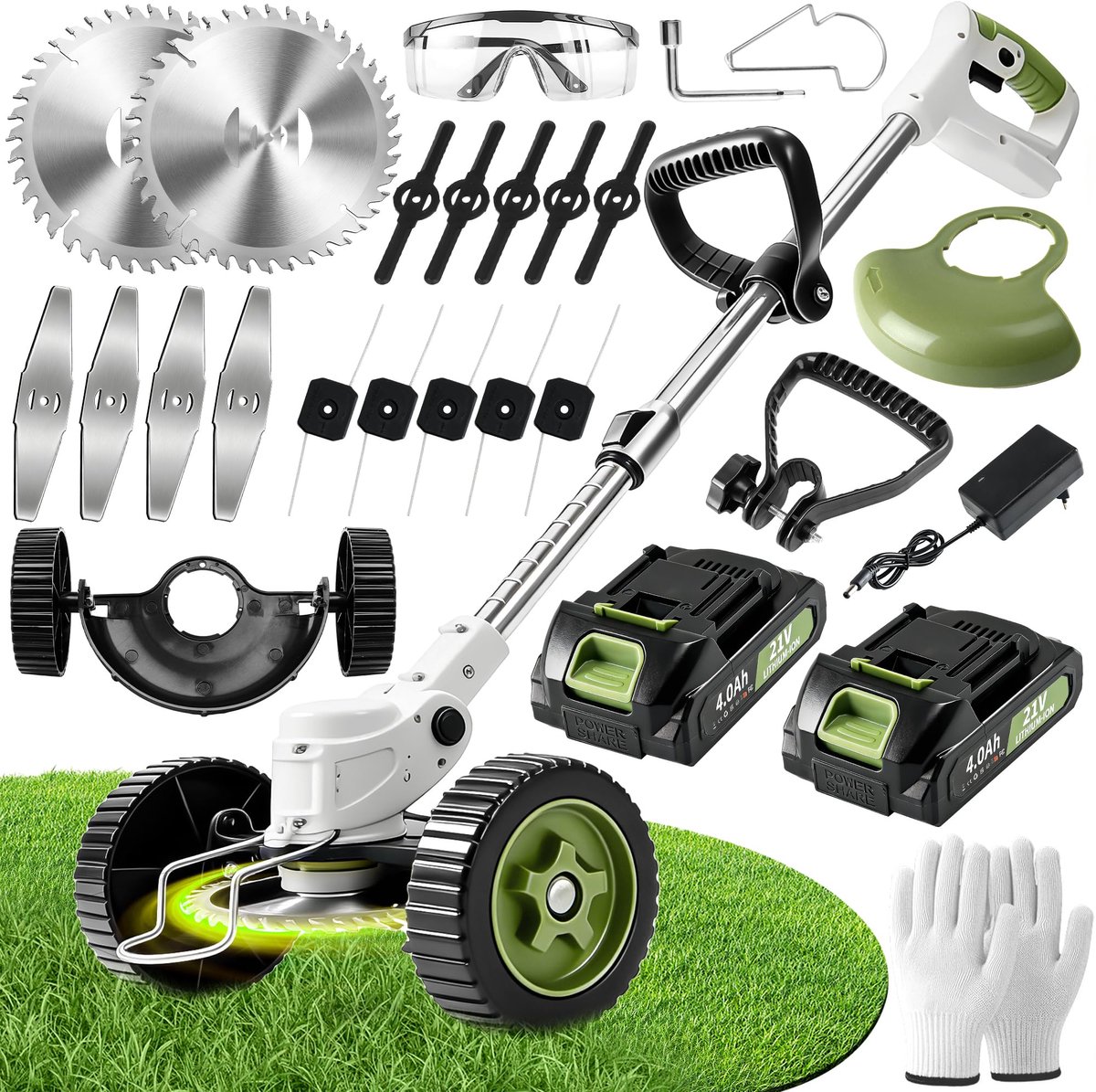 SnelShoppen - Elektrische Grastrimmer Accu met 2 Accu's, Telescopische Vrijsnijder, 4 Messen, Wielen, Snoerloze Grastrimmer voor Tuin en Erven - Beige