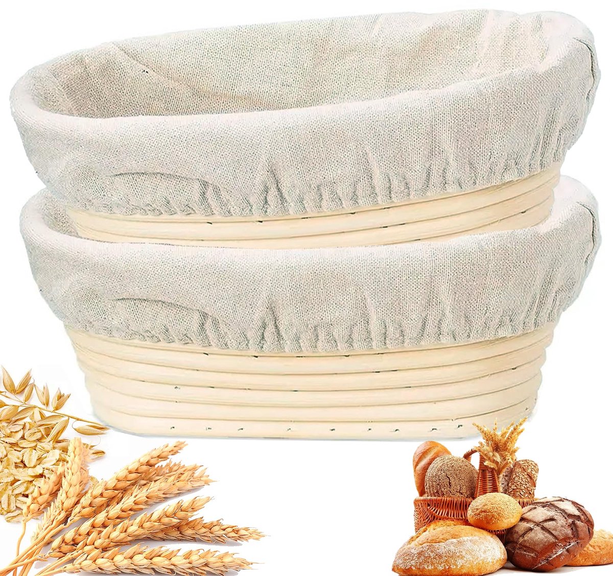 SnelShoppen - 2 stuks Gaarmand voor Brood met Linnenvoering, Ovale Zak en Bakkom van Natuurlijk Rotan, 25 x 15 x 8 cm, Ideaal voor Professionele en Ze